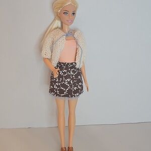 Barbie Doll with Cream Cardigan and Brown Skirt